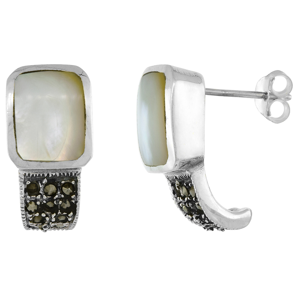 Sterling Silver Rectangular Mother of Pearl Marcasite Earrings, 3/4 inch long