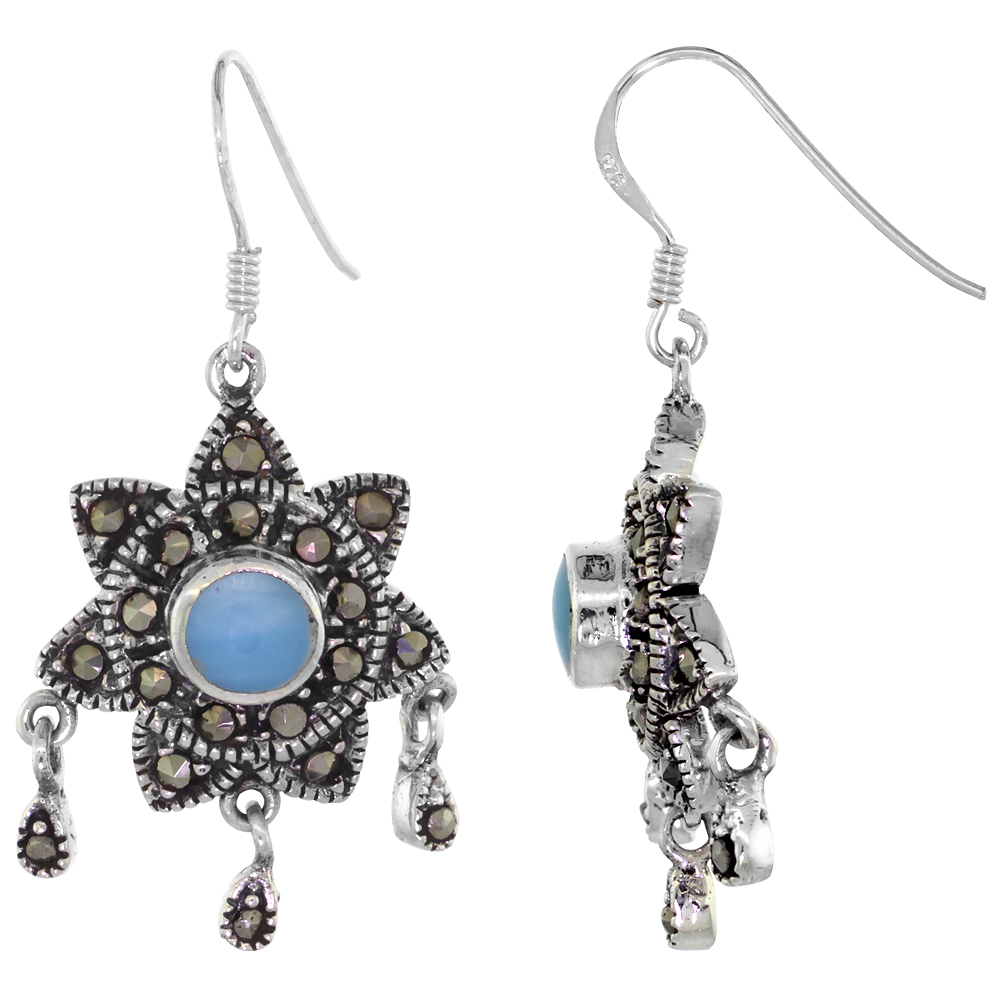 Sterling Silver Light Blue Sun Marcasite Dangle Earrings, 1 1/2 inch long