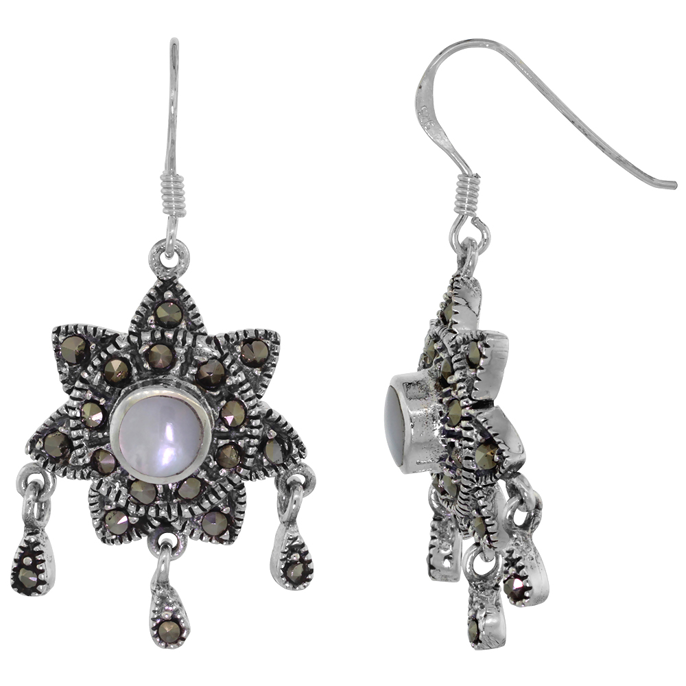 Sterling Silver Mother of Pearl Sun Marcasite Dangle Earrings, 1 1/2 inch long