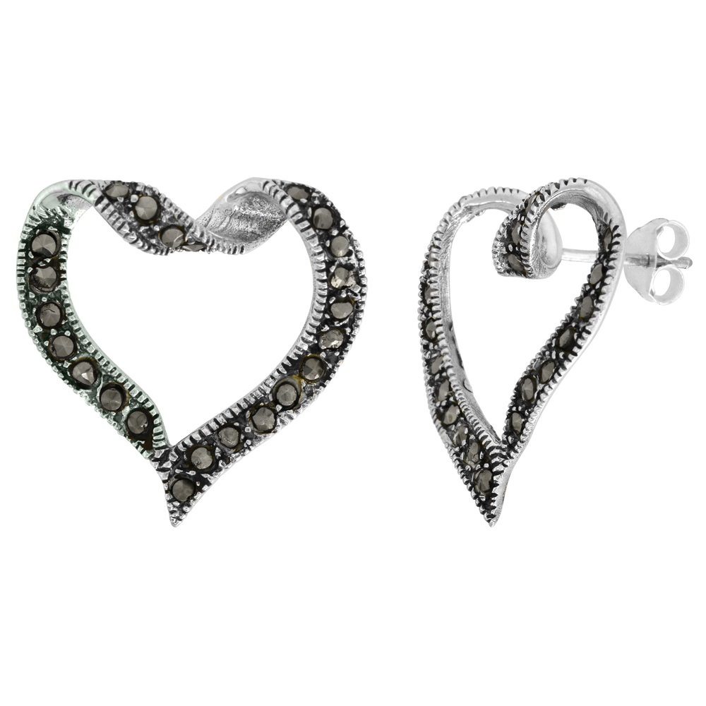 Sterling Silver Cut-out Heart Marcasite Stud Earrings, 7/8 inch wide