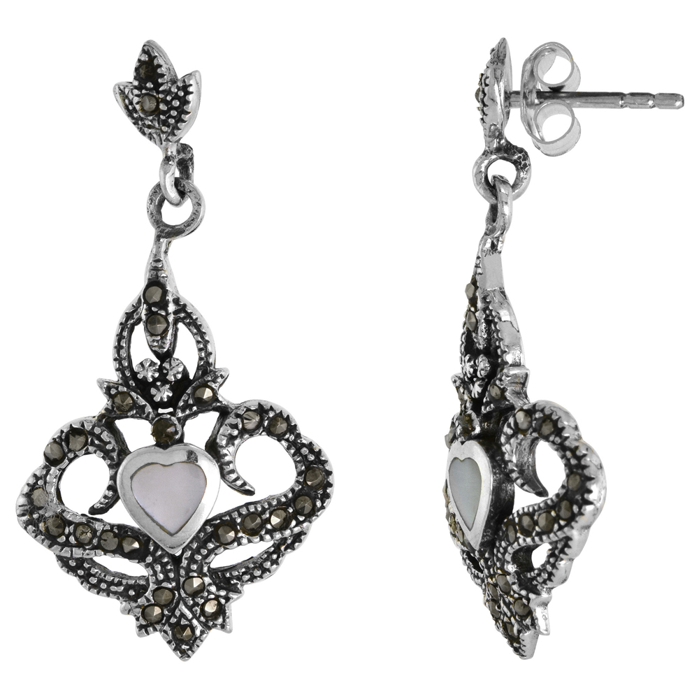 Sterling Silver White Mother of Pearl Heart Marcasite Dangle Earrings, 11/16 inch wide