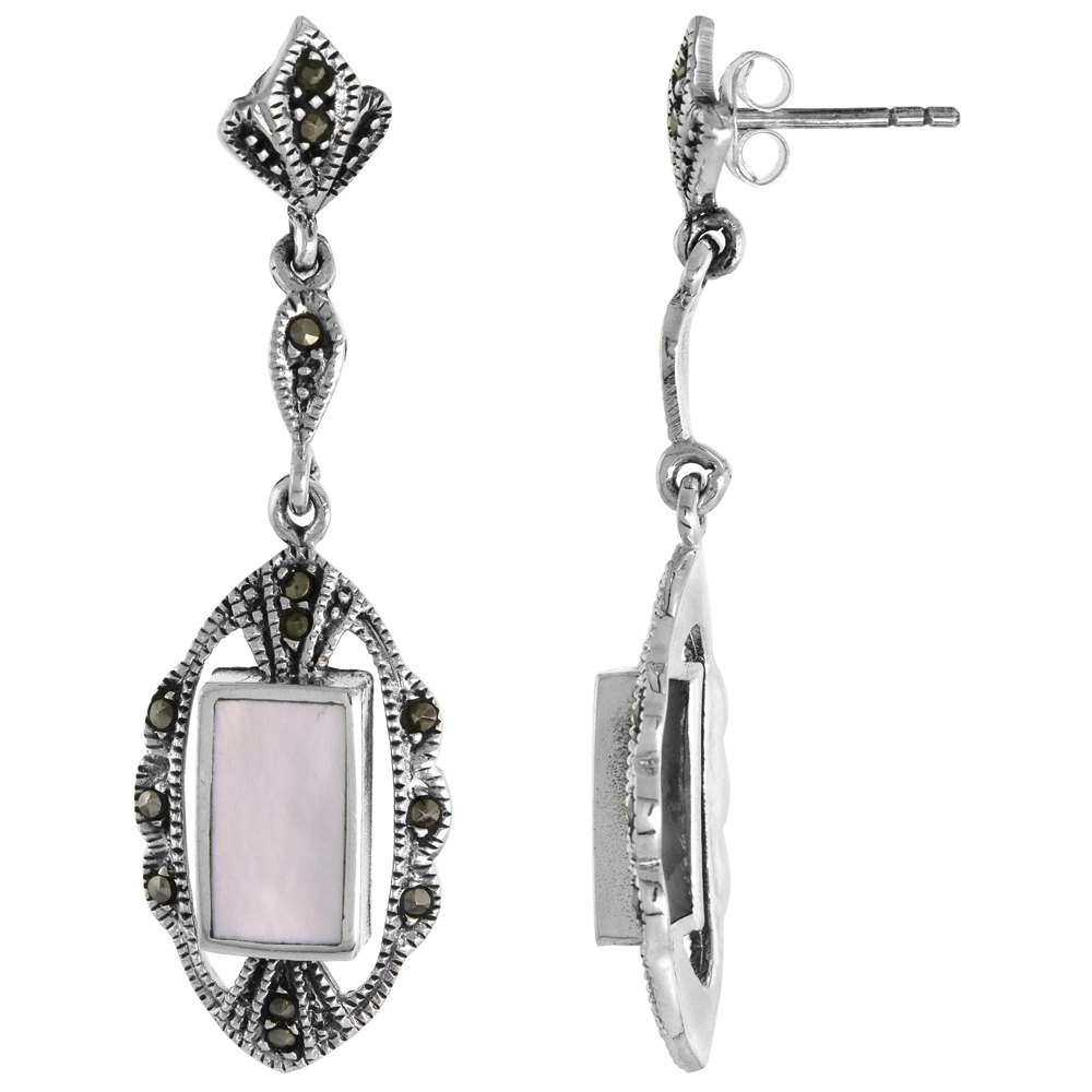 Sterling Silver Rectangular Mother of Pearl Marcasite Dangle Earrings, 9/16 inch wide