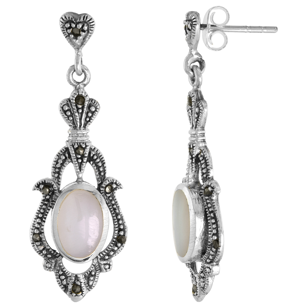 Sterling Silver Mother of Pearl Marcasite Dangle Earrings Oval, 1/2 inch wide
