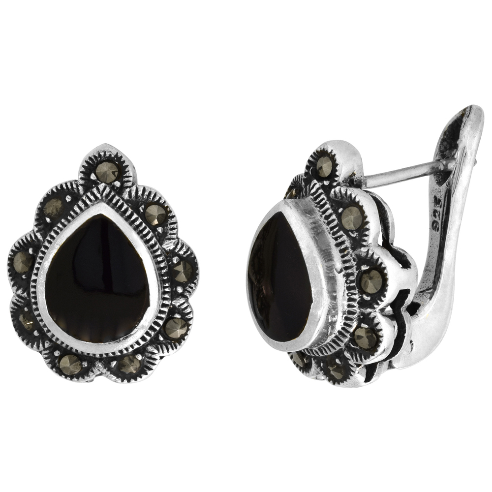 Sterling Silver Black Onyx Marcasite Clip Earrings Teardrop, 1/2 inch wide