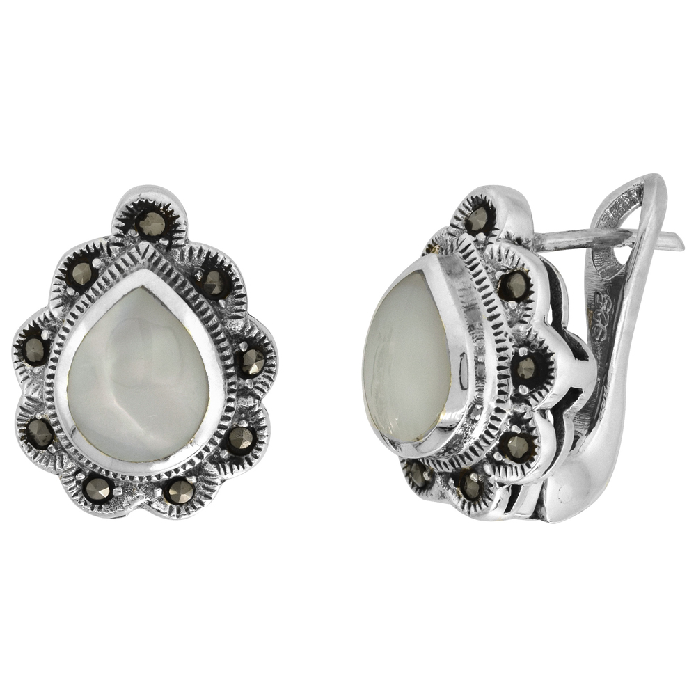 Sterling Silver Mother of Pearl Marcasite Clip Earrings Teardrop, 1/2 inch wide