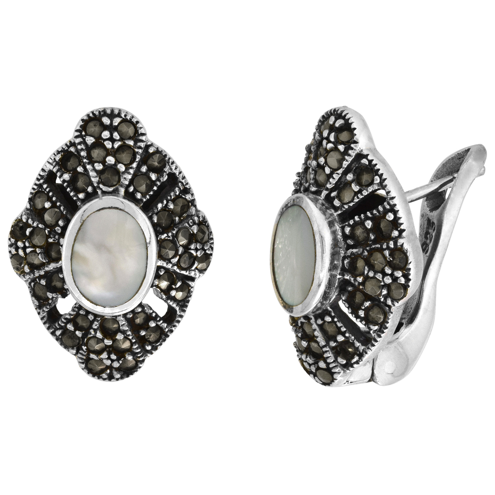 Sterling Silver Mother of Pearl Marcasite Clip Earrings Teardrop, 5/8 inch wide