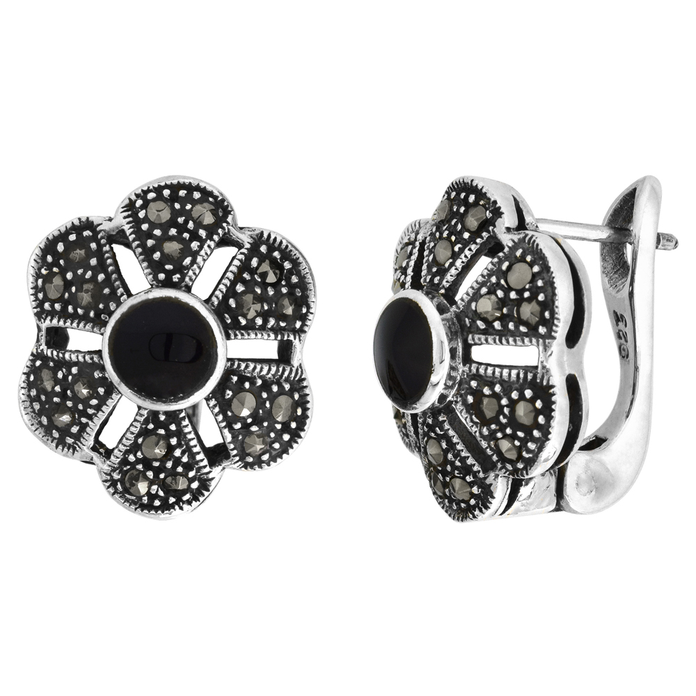 Sterling Silver Round Black Onyx Marcasite Clip Earrings, 9/16 inch wide