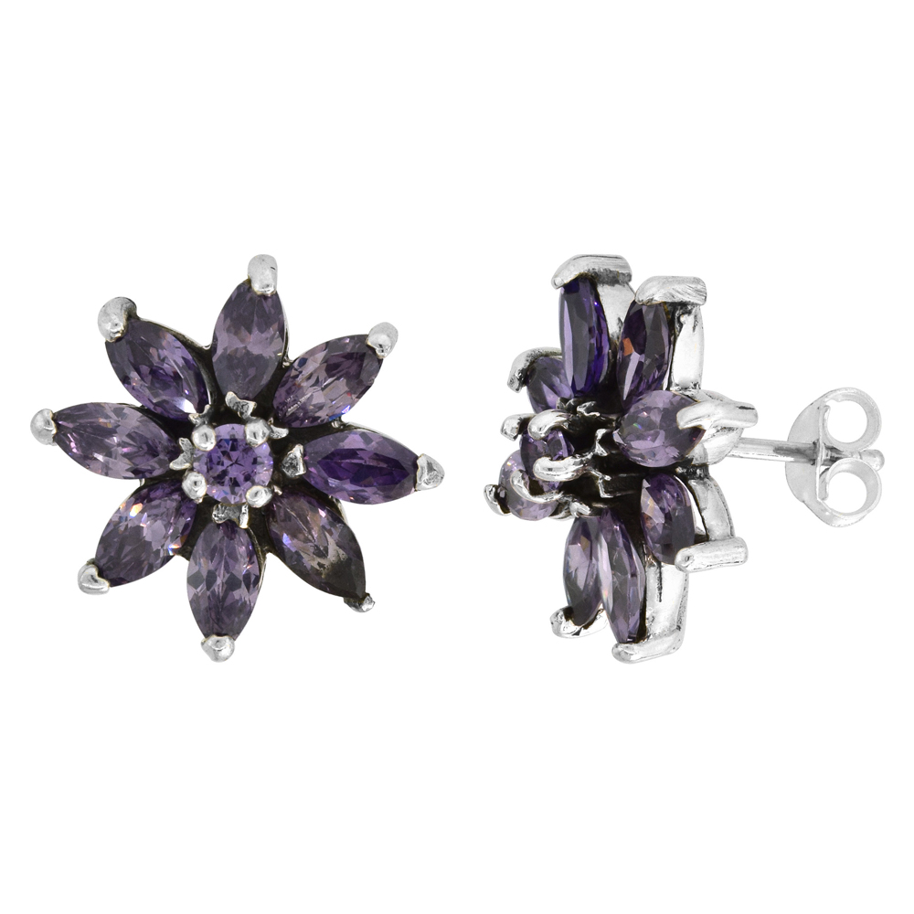 STERLING SILVER PURPLE CUBIC ZIRCONIA FLOWER STUD EARRINGS, 11/16 INCH WIDE