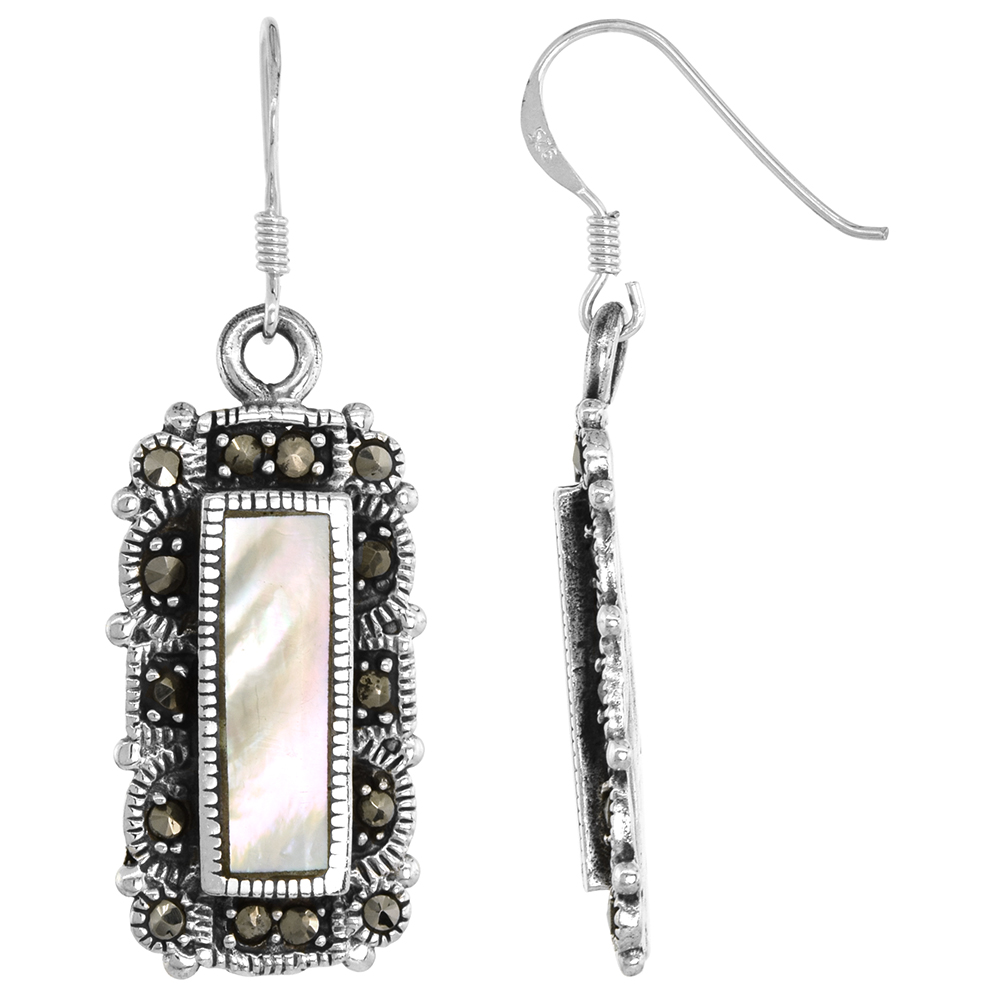 Rectangular Sterling Silver Marcasite Mother of Pearl Dangle Earrings Fishhook Back 1 inch long