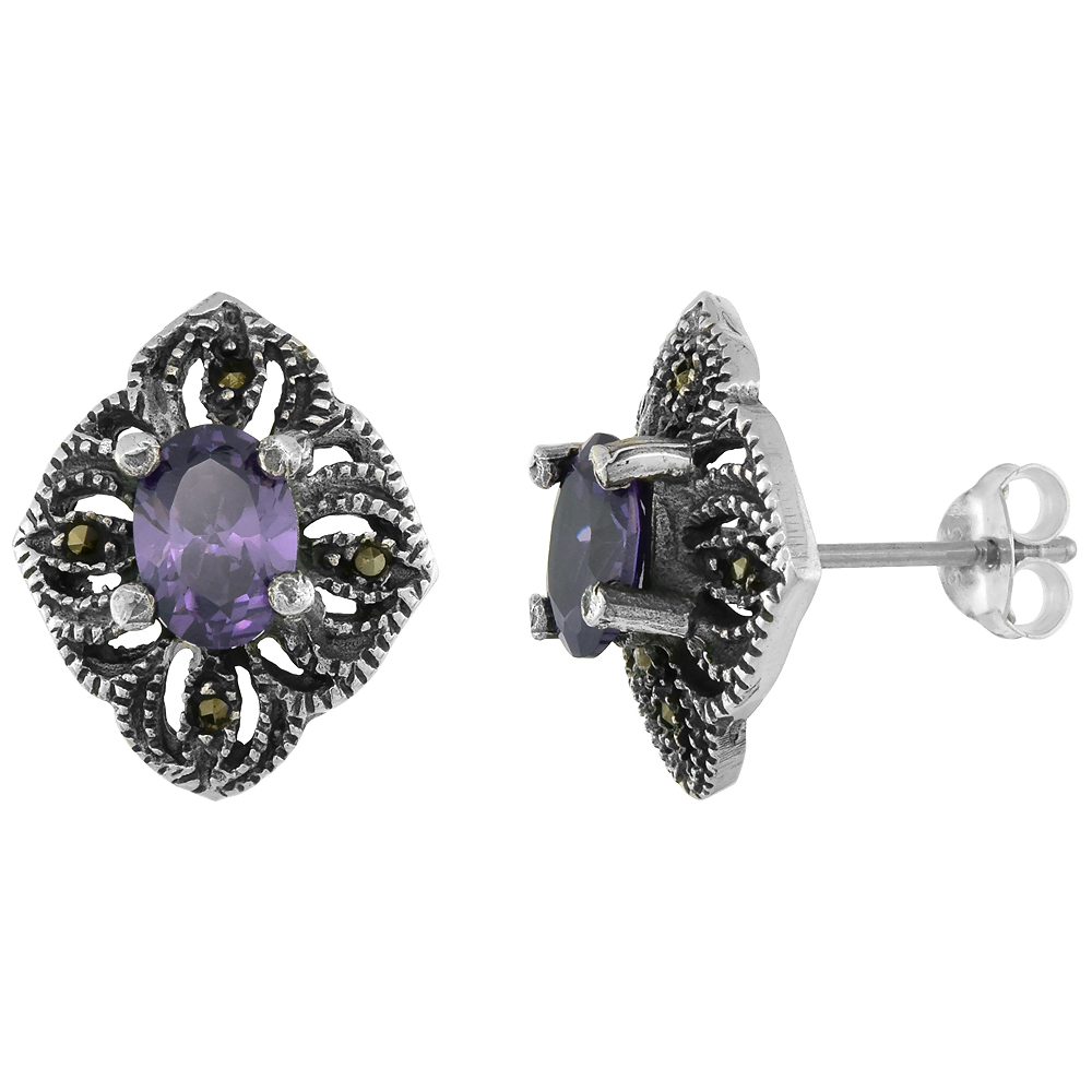 STERLING SILVER CUBIC ZIRCONIA AMETHYST MARCASITE STUD EARRINGS, 5/8 INCH WIDE
