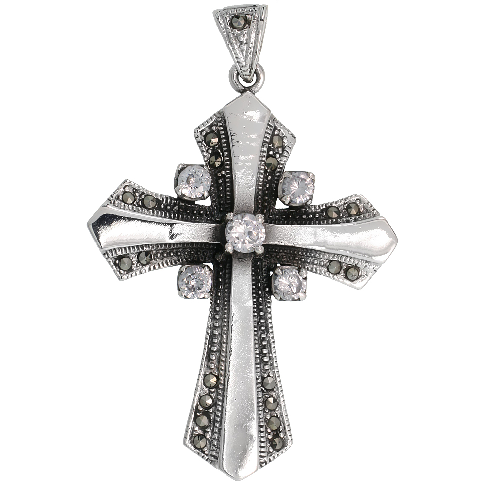 STERLING SILVER MARCASITE CROSS PENDANT, W/ BRILLIANT CUT GARNET STONES, 1 15/16" (49 MM) TALL