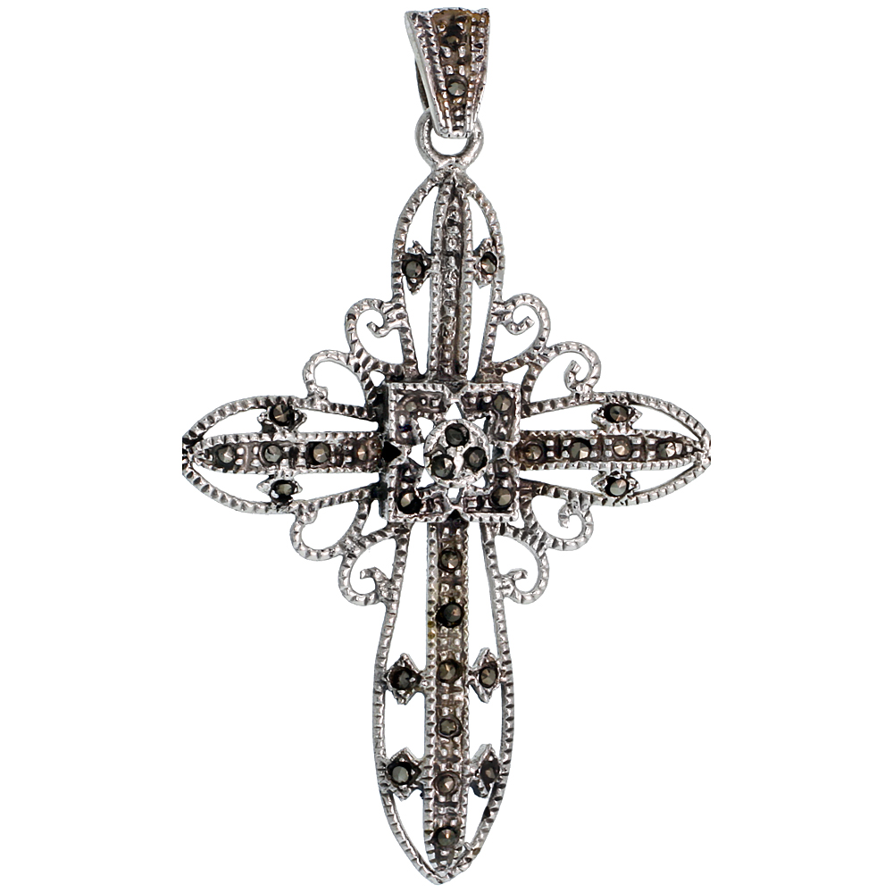 STERLING SILVER MARCASITE FILIGREE QUADRATE CROSS PENDANT, 2" (51 MM) TALL