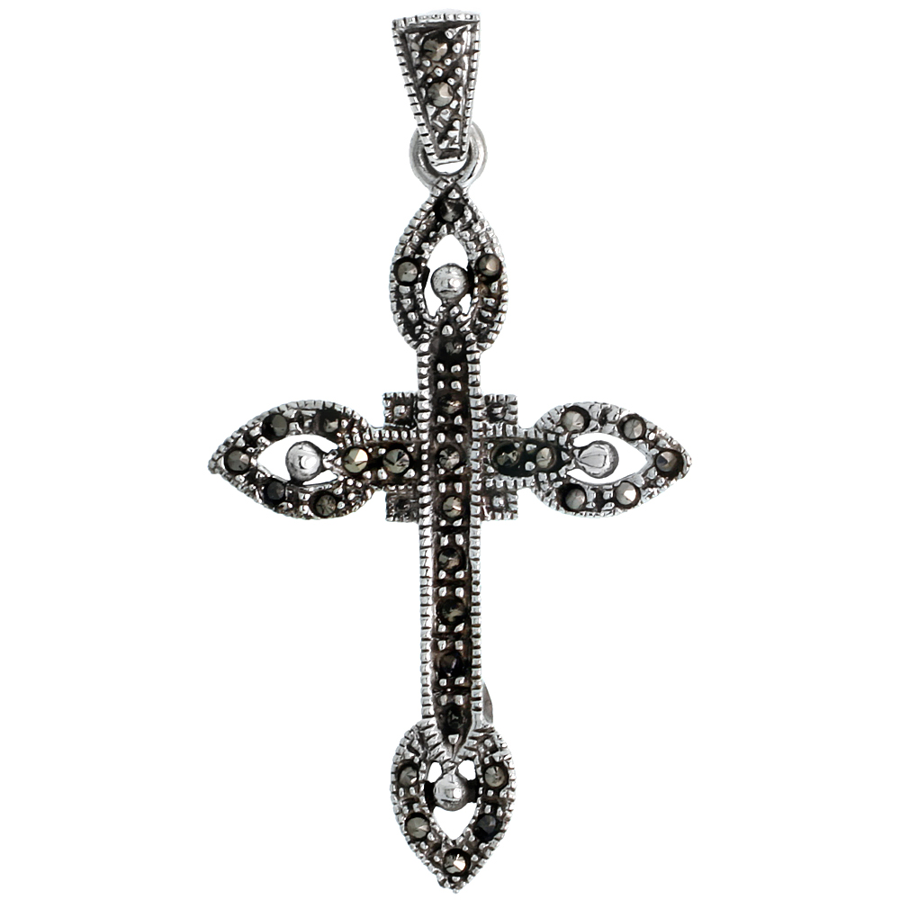 STERLING SILVER MARCASITE QUADRATE CROSS PENDANT, W/ TEAR DROP ENDS, 1 3/4" (45 MM) TALL