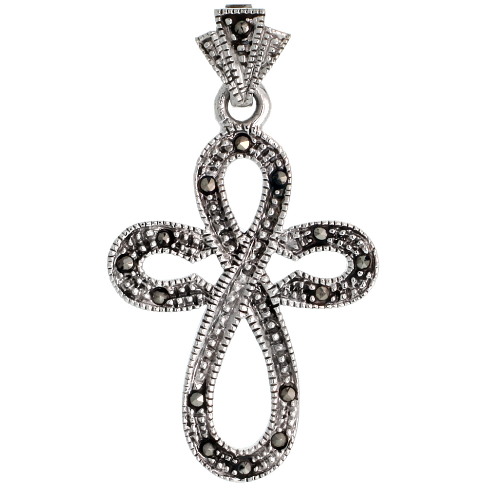 STERLING SILVER MARCASITE EVERLASTING CROSS PENDANT, 1 11/16" (43 MM) TALL