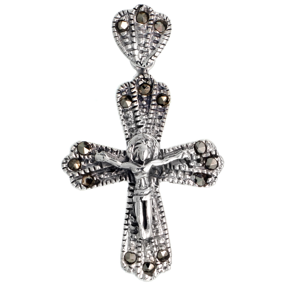 STERLING SILVER MARCASITE CRUCIFIX PENDANT, 1 1/2" (39 MM) TALL