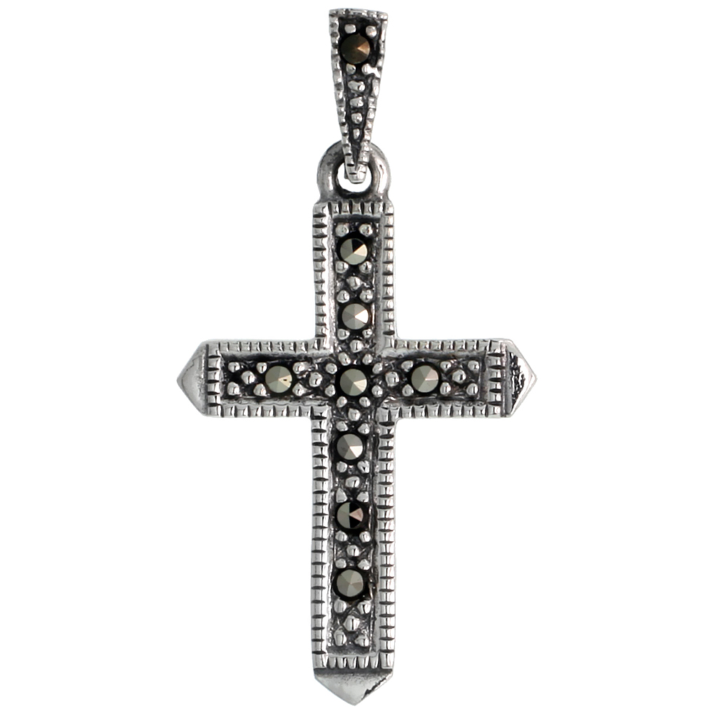 STERLING SILVER MARCASITE PASSION CROSS PENDANT, 1 1/8" (29 MM) TALL