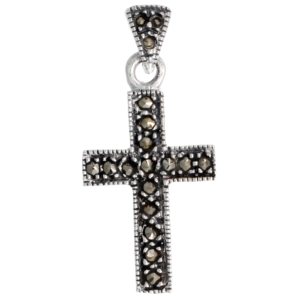 STERLING SILVER MARCASITE LATIN CROSS PENDANT, 1 1/8" (29 MM) TALL