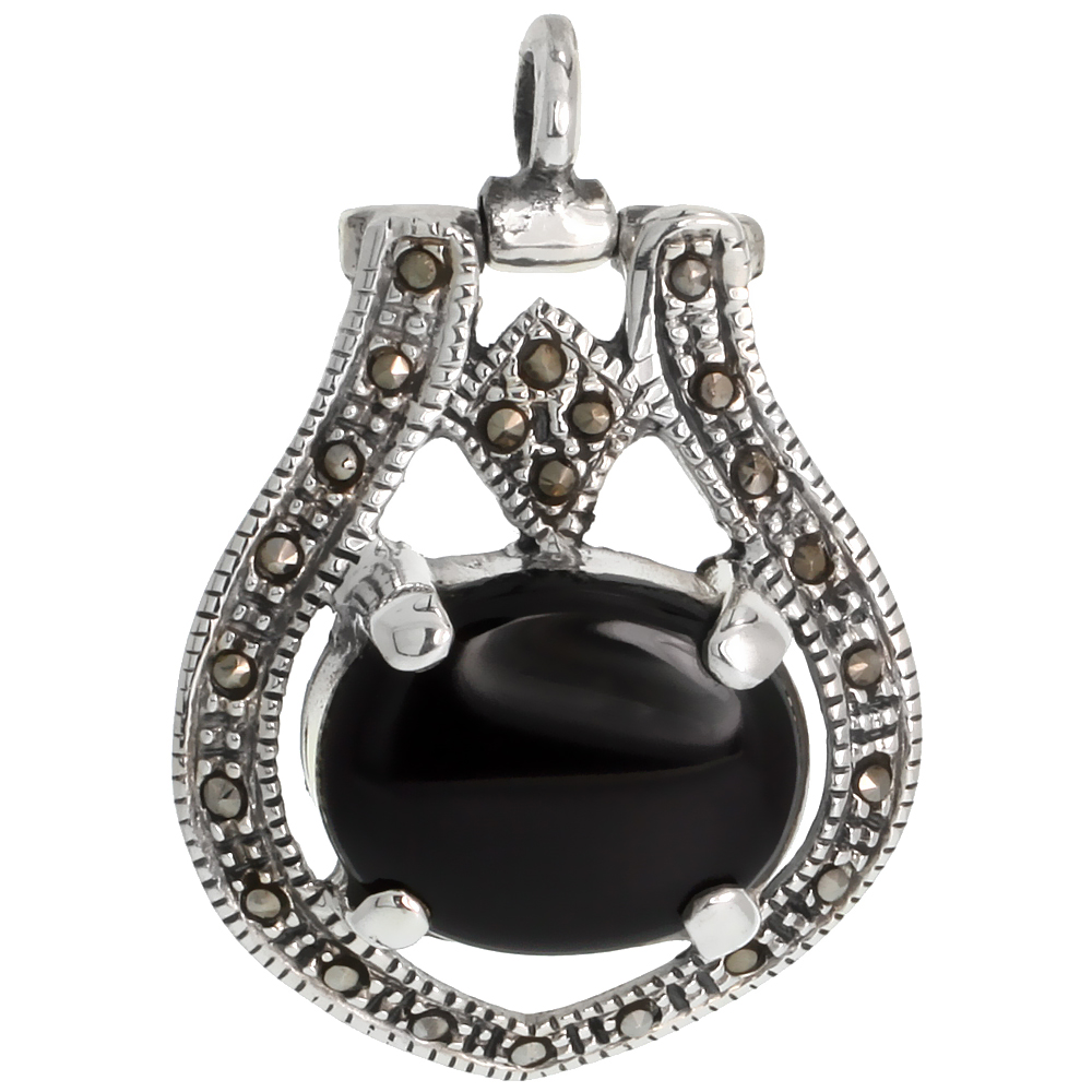 STERLING SILVER MARCASITE HORSESHOE PENDANT, W/ 20X15 MM OVAL CABOCHON JET STONE, 1 1/4 (32 MM) TALL