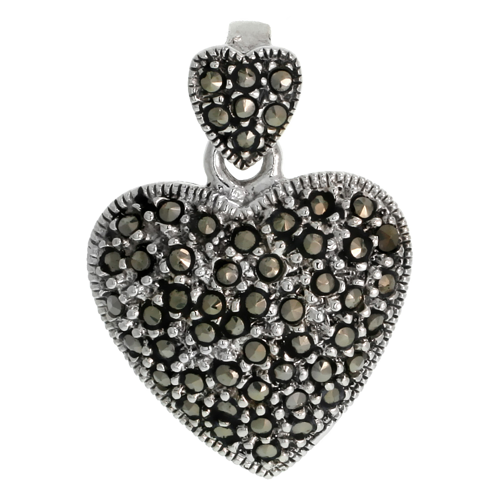 STERLING SILVER MARCASITE HEART PENDANT, 1 3/16" (30 MM) TALL
