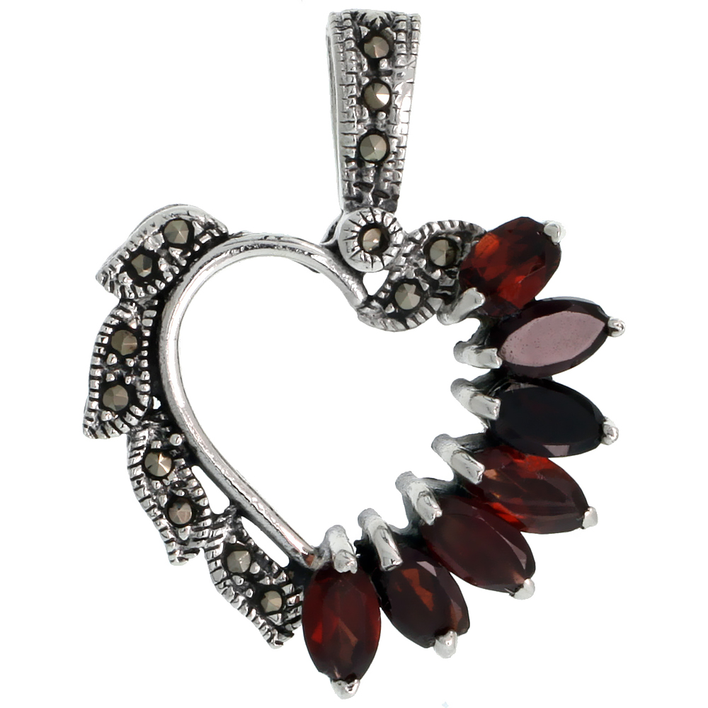STERLING SILVER MARCASITE HEART PENDANT W/ NATURAL GARNET STONES , 7/8" (22 MM) TALL