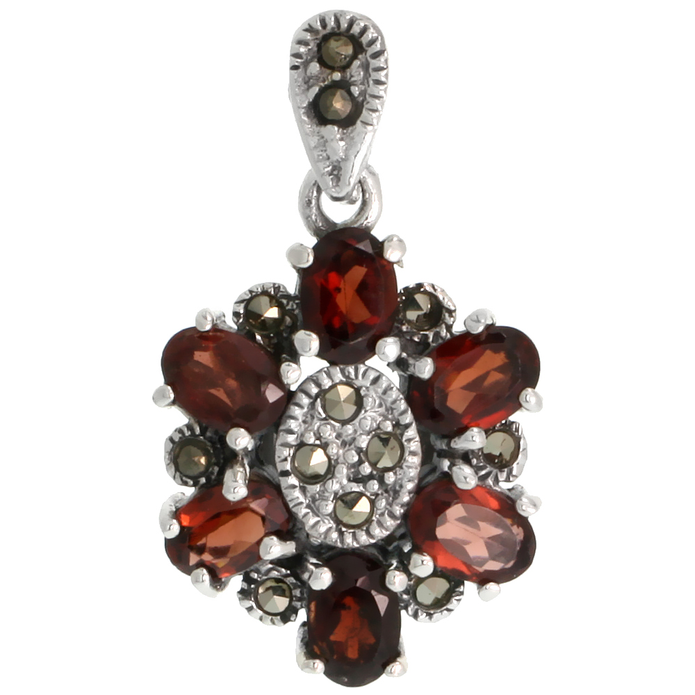 STERLING SILVER MARCASITE FLOWER PENDANT, W/ OVAL CUT 6X4 MM GARNET STONES, 1 1/8" (28 MM) TALL