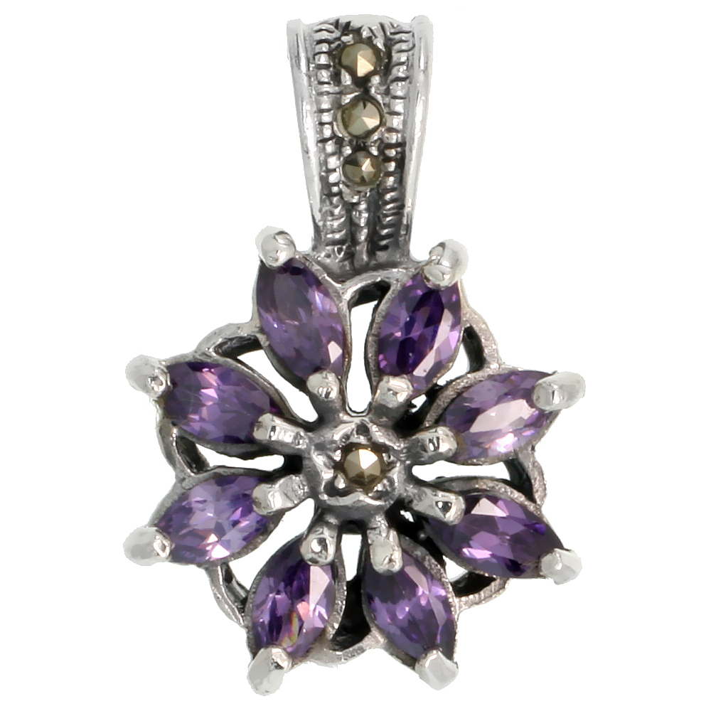 STERLING SILVER MARCASITE FLOWER PENDANT, W/ MARQUISE CUT 6X3 MM AMETHYST CZ STONES, 1" (26 MM) TALL