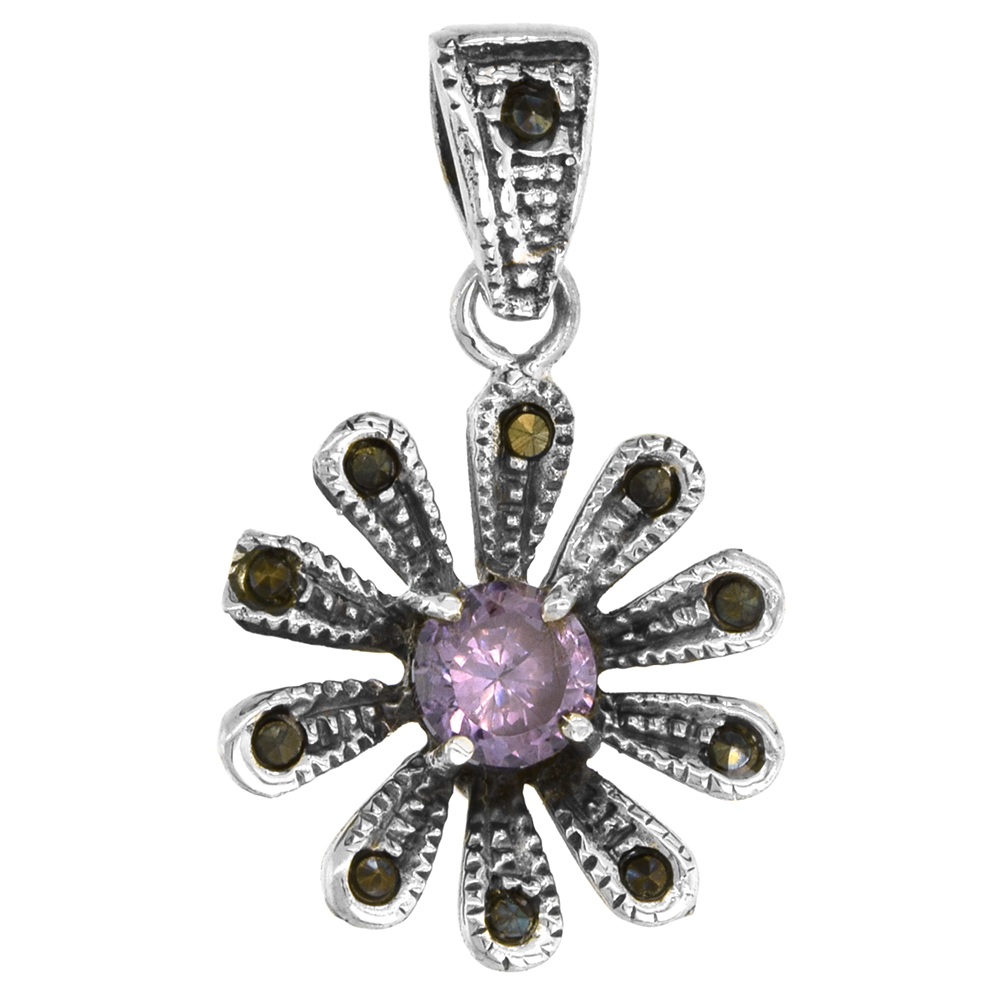 STERLING SILVER MARCASITE FLOWER PENDANT, W/ BRILLIANT CUT 4 MM AMETHYST COLOR CZ STONE, 1 1/8" (29 MM) TALL