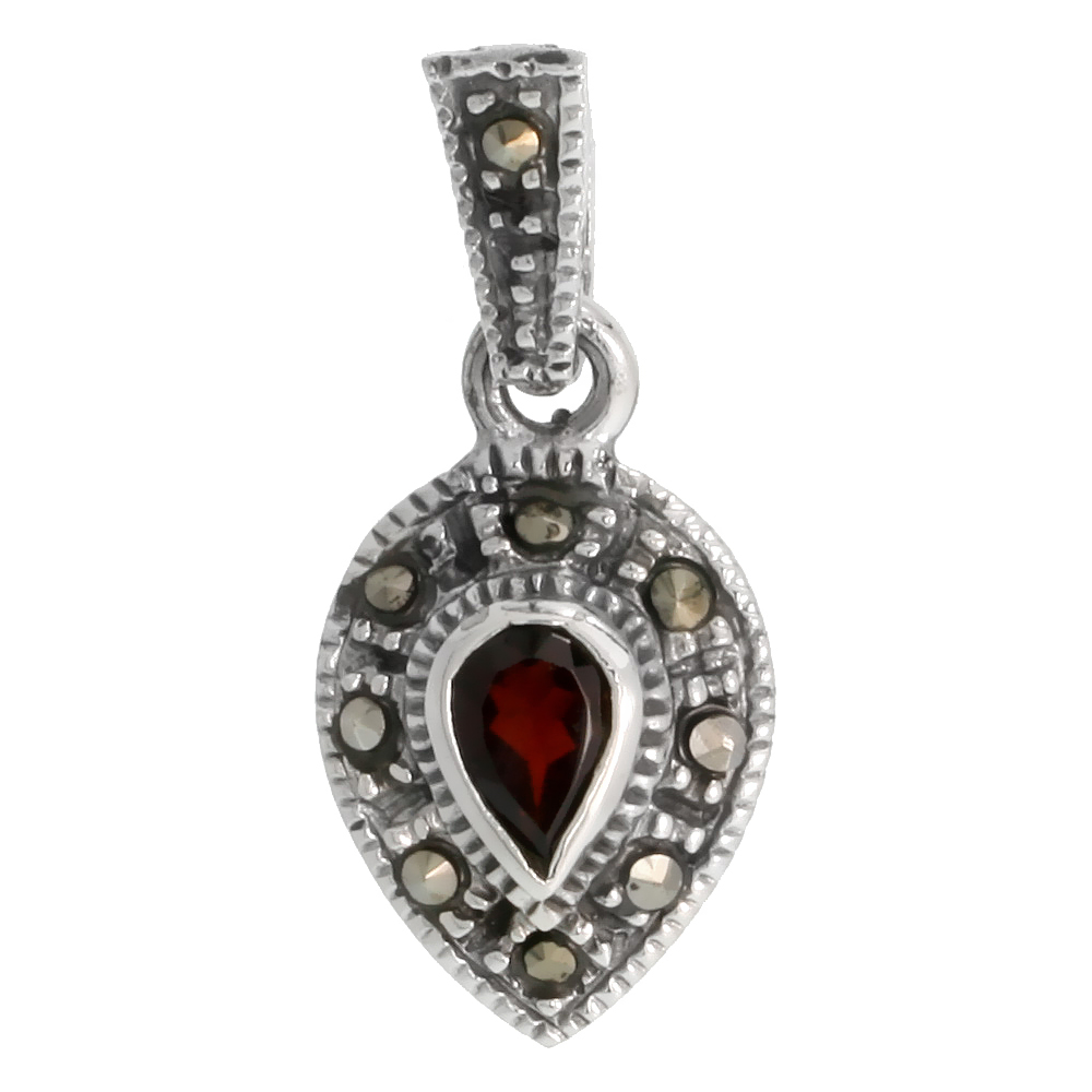 STERLING SILVER MARCASITE PEAR SHAPE PENDANT, W/ OVAL CUT 7X5 MM GARNET COLOR CZ STONE, 1" (25 MM) TALL