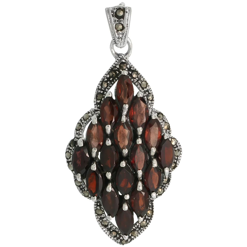 STERLING SILVER MARCASITE DIAMOND SHAPE PENDANT, W/ MARQUISE CUT 8X4 MM GARNET STONES, 1 7/8" (48 MM) TALL