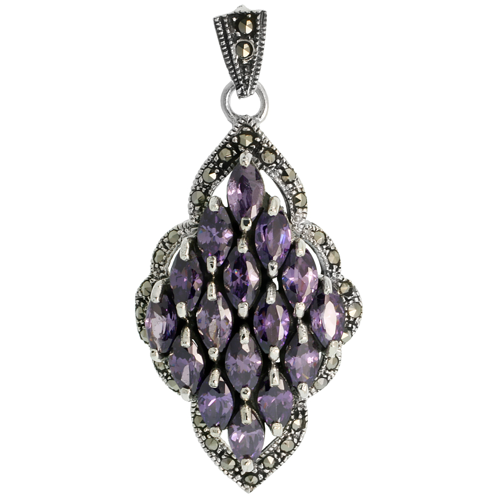 STERLING SILVER MARCASITE DIAMOND SHAPE PENDANT, W/ MARQUISE CUT 8X4 MM AMETHYST CZ STONES, 1 7/8" (48 MM) TALL