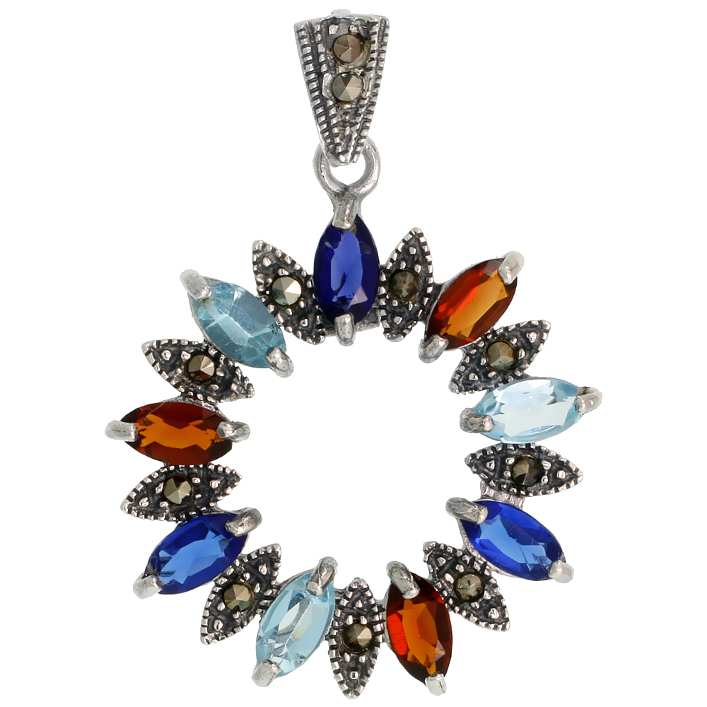STERLING SILVER MARCASITE WREATH PENDANT, W/ MARQUISE CUT 8X4 MM GARNET, BLUE SAPPHIRE & BLUE TOPAZ CZ STONES, 1 3/8" (35 MM) TALL