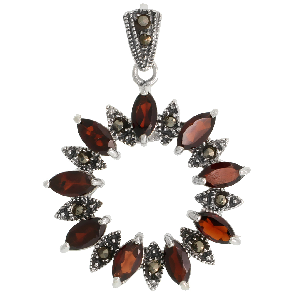 STERLING SILVER MARCASITE WREATH PENDANT, W/ MARQUISE CUT 8X4 MM GARNET STONES, 1 3/8" (35 MM) TALL
