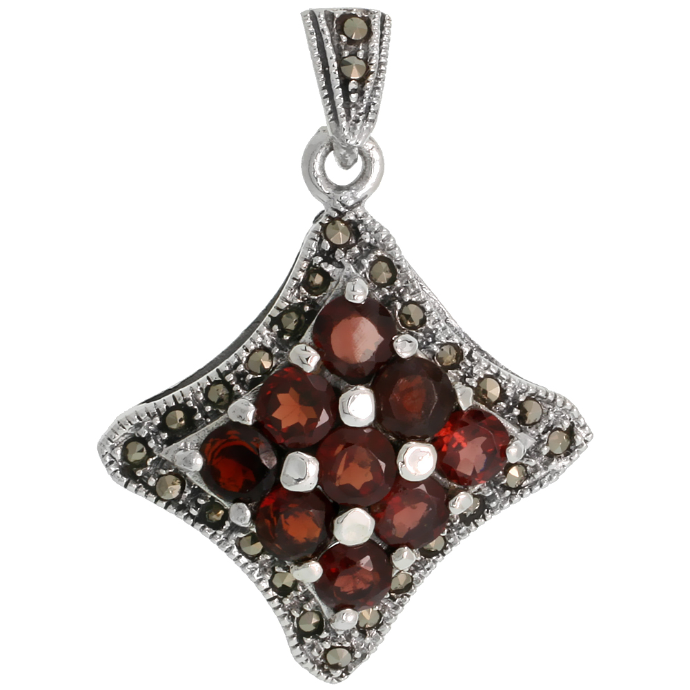 STERLING SILVER MARCASITE 4-POINT STAR PENDANT, W/ BRILLIANT CUT 5 MM GARNET STONES, 1 7/16" (36 MM) TALL
