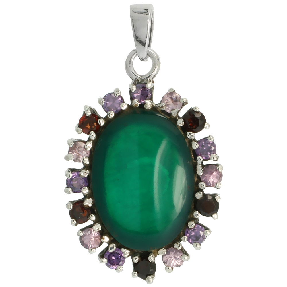 STERLING SILVER MARCASITE CLUSTER PENDANT, W/ OVAL CABOCHON 20X15 MM EMERALD COLOR CZ STONE, 1 5/16" (33 MM) TALL