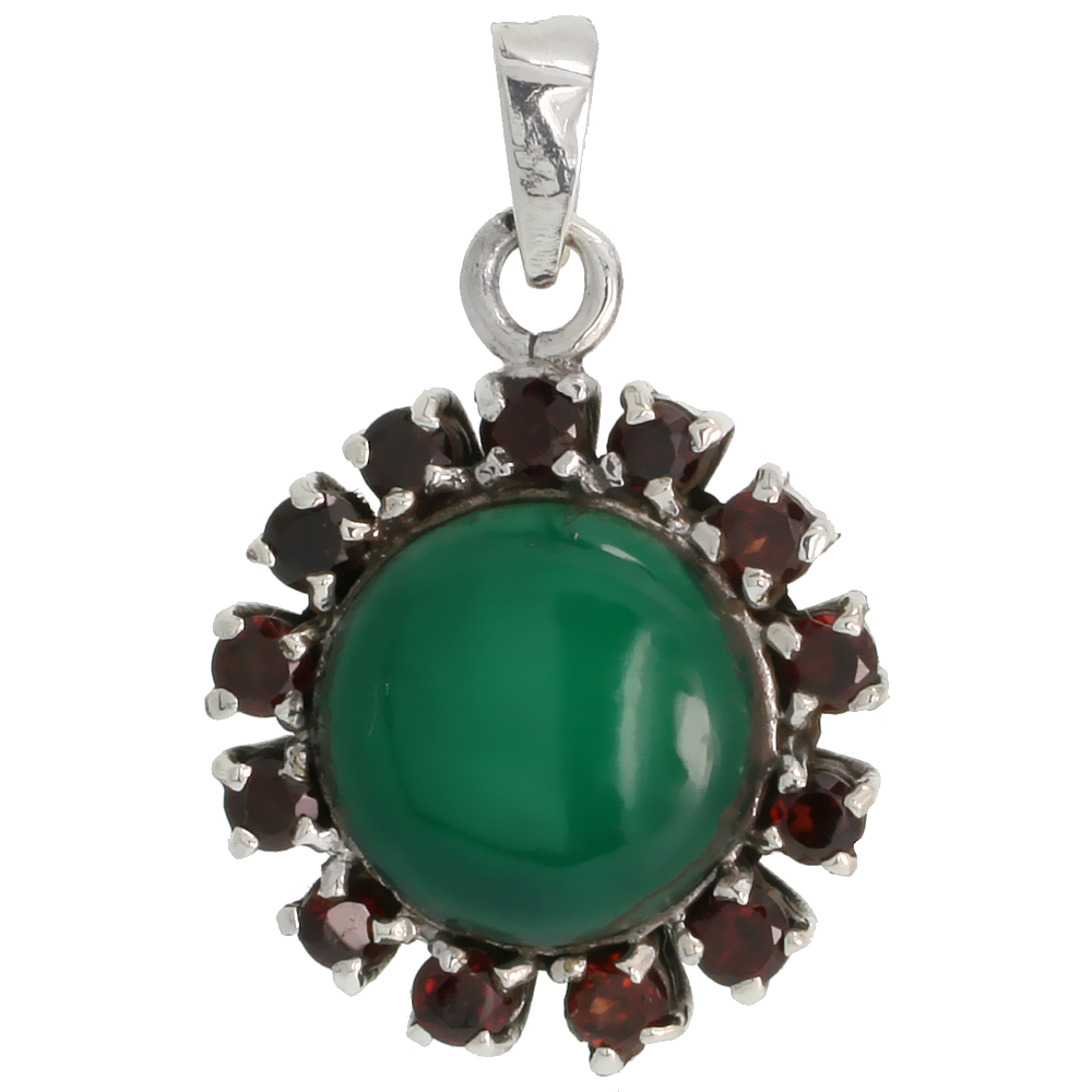 STERLING SILVER MARCASITE CLUSTER PENDANT, W/ ROUND CABOCHON 14 MM GREEN STONE & BRILLIANT CUT GARNET STONES, 1 1/16" (27 MM) TALL
