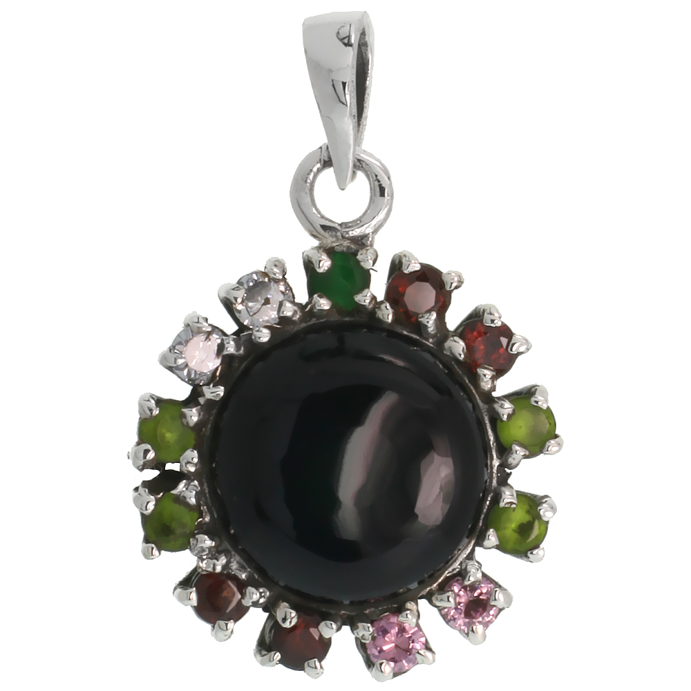 STERLING SILVER MARCASITE CLUSTER PENDANT, W/ ROUND CABOCHON 14 MM JET STONE & BRILLIANT CUT MULTI CZ STONES, 1 1/16" (27 MM) TALL