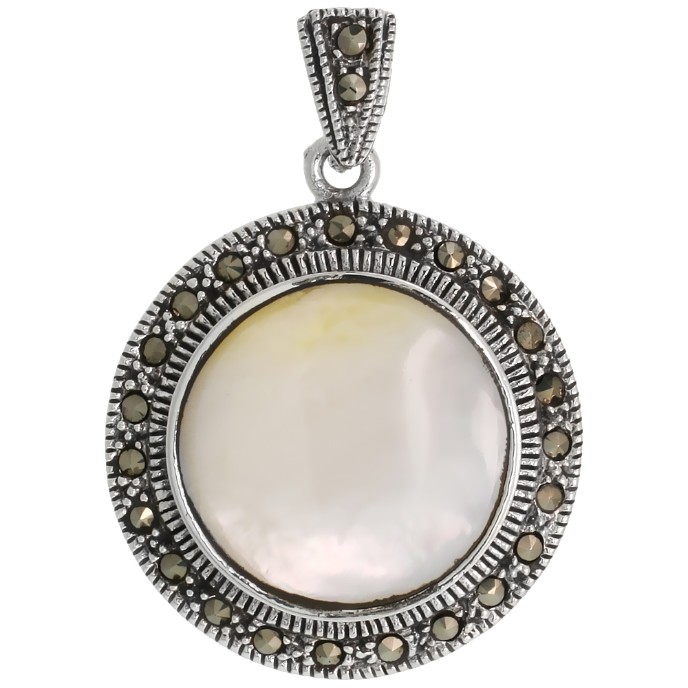 STERLING SILVER MARCASITE ROUND PENDANT, W/ CABOCHON CUT 21 MM MOTHER OF PEARL, 1 3/8" (34 MM) TALL