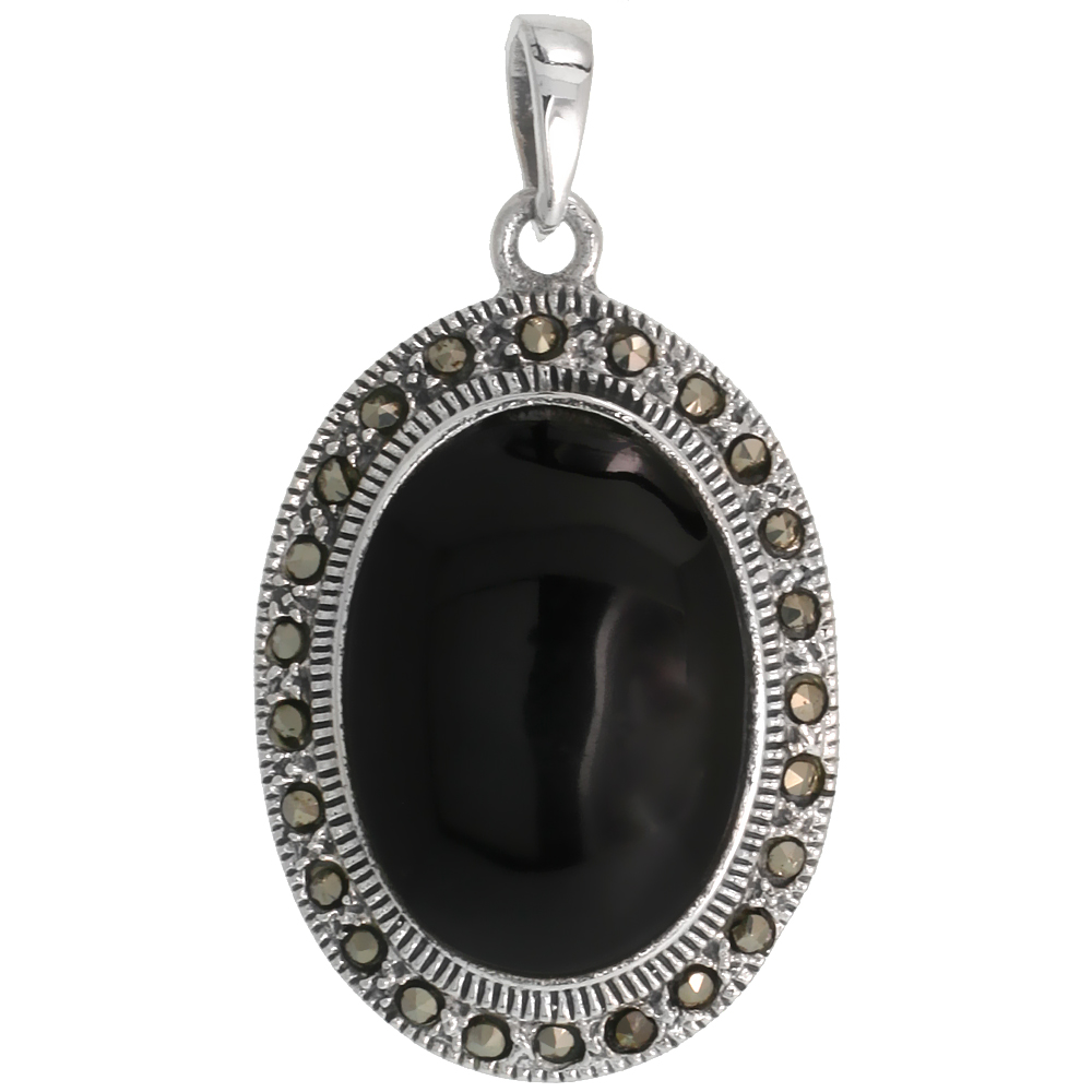 STERLING SILVER MARCASITE OVAL PENDANT, W/ CABOCHON CUT 24X18MM JET STONE, 1 7/16" (37 MM) TALL