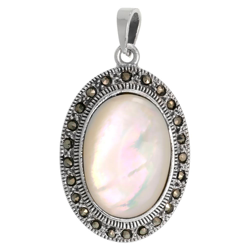STERLING SILVER MARCASITE OVAL PENDANT, W/ CABOCHON CUT 24X18MM MOTHER OF PEARL, 1 7/16" (37 MM) TALL