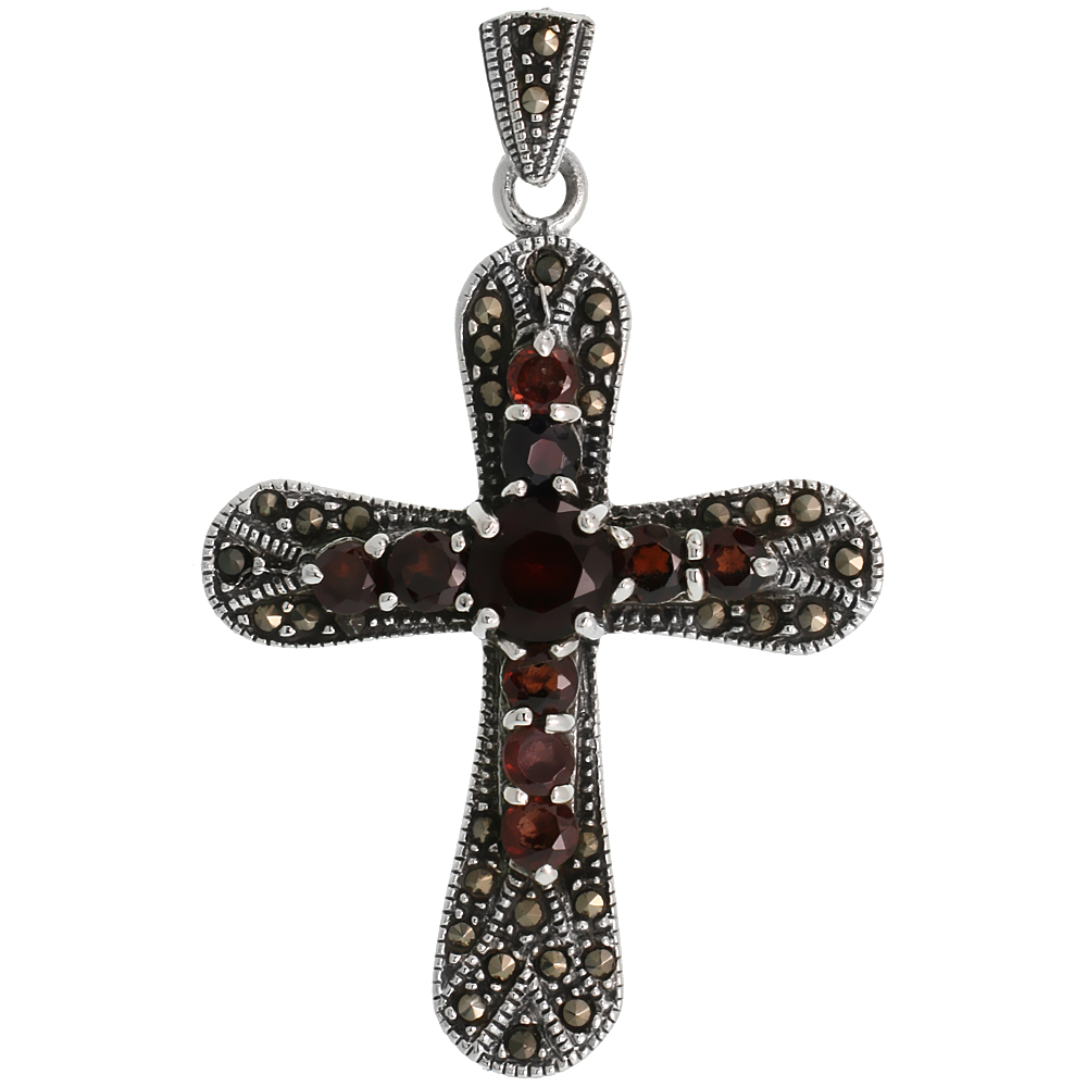 STERLING SILVER MARCASITE ROUNDED CROSS PENDANT, W/ BRILLIANT CUT GARNET STONES, 2 1/16" (52 MM) TALL