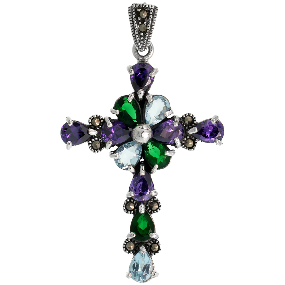 STERLING SILVER MARCASITE FLORAL CROSS PENDANT, W/ PEAR CUT AMETHYST, EMERALD & BLUE TOPAZ CZ STONES, 2" (51 MM) TALL