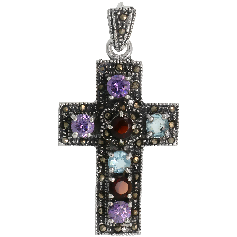 STERLING SILVER MARCASITE LATIN CROSS PENDANT, W/ BRILLIANT CUT 5 MM AMETHYST, BLUE TOPAZ & GARNET STONES, 1 11/16" (43 MM) TALL
