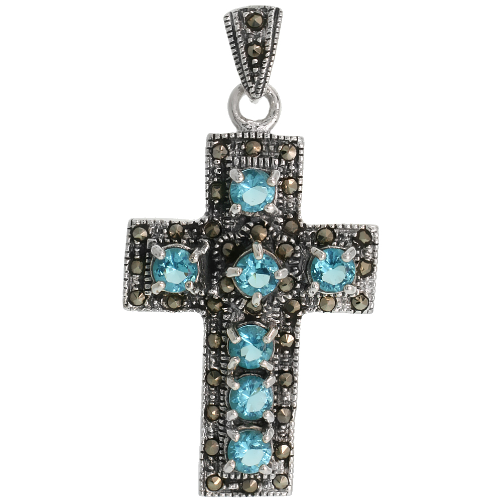 STERLING SILVER MARCASITE LATIN CROSS PENDANT, W/ BRILLIANT CUT 5 MM BLUE TOPAZ CZ STONES, 1 11/16" (43 MM) TALL