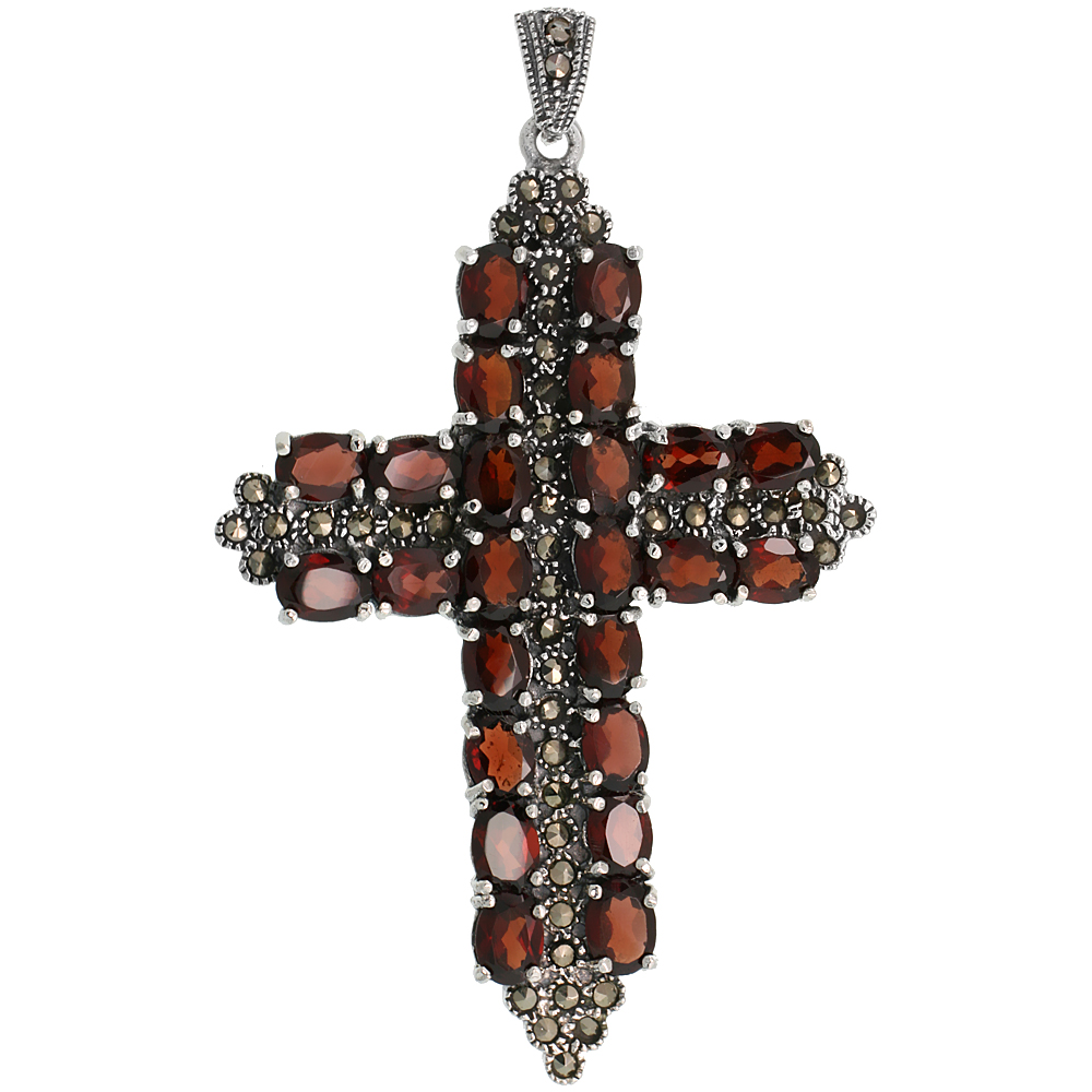 STERLING SILVER MARCASITE SWORD CROSS PENDANT, W/ OVAL CUT 7X5 MM GARNET STONES, 2 3/4" (70 MM) TALL