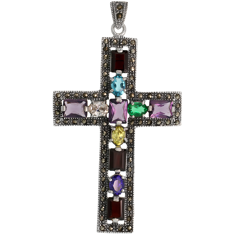 STERLING SILVER MARCASITE LATIN CROSS PENDANT, W/ OVAL & EMERALD CUT MULTI CZ STONES, 1 15/16" (49 MM) TALL