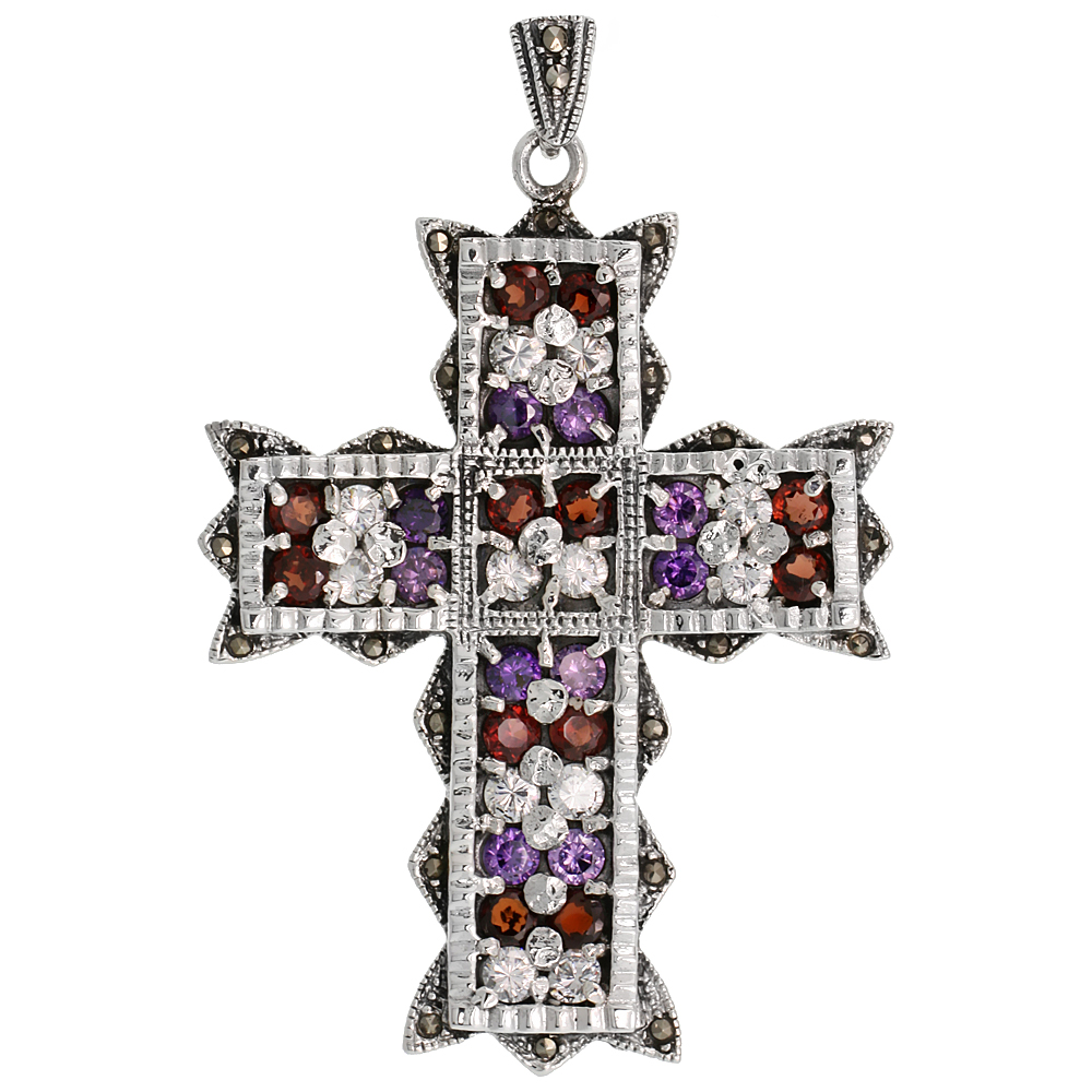 STERLING SILVER MARCASITE WAVY CROSS PENDANT, W/ BRILLIANT CUT CLEAR, AMETHYST & GARNET STONES, 2 9/16" (66 MM) TALL
