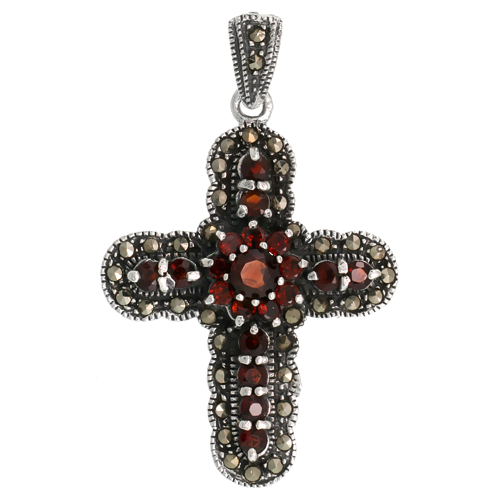STERLING SILVER MARCASITE ROUNDED CROSS PENDANT, W/ BRILLIANT CUT GARNET STONES, 1 5/8" (42 MM) TALL