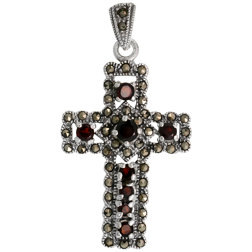 STERLING SILVER MARCASITE FANCY CROSS PENDANT, W/ BRILLIANT CUT GARNET STONES, 1 13/16" (46 MM) TALL