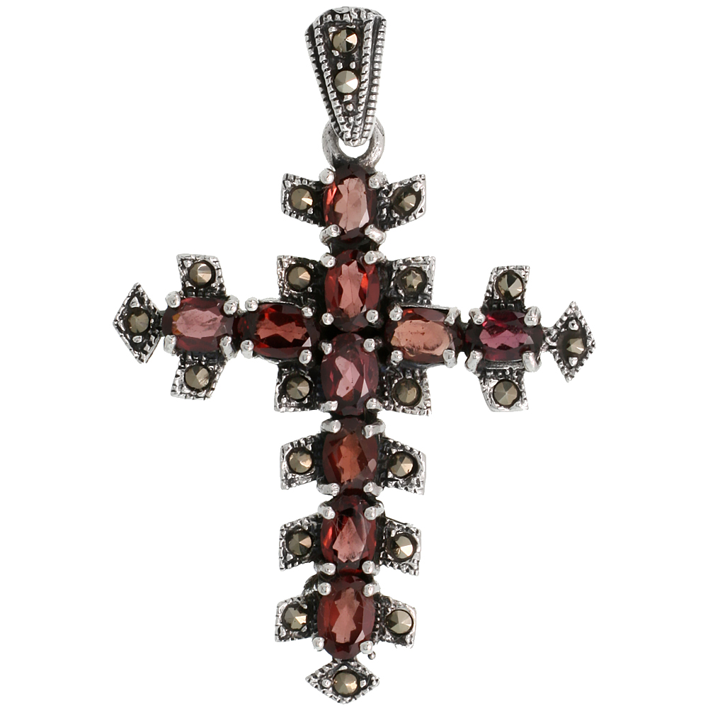 STERLING SILVER MARCASITE THORN CROSS PENDANT, W/ OVAL CUT 6X4 MM GARNET STONES, 1 3/4" (44 MM) TALL