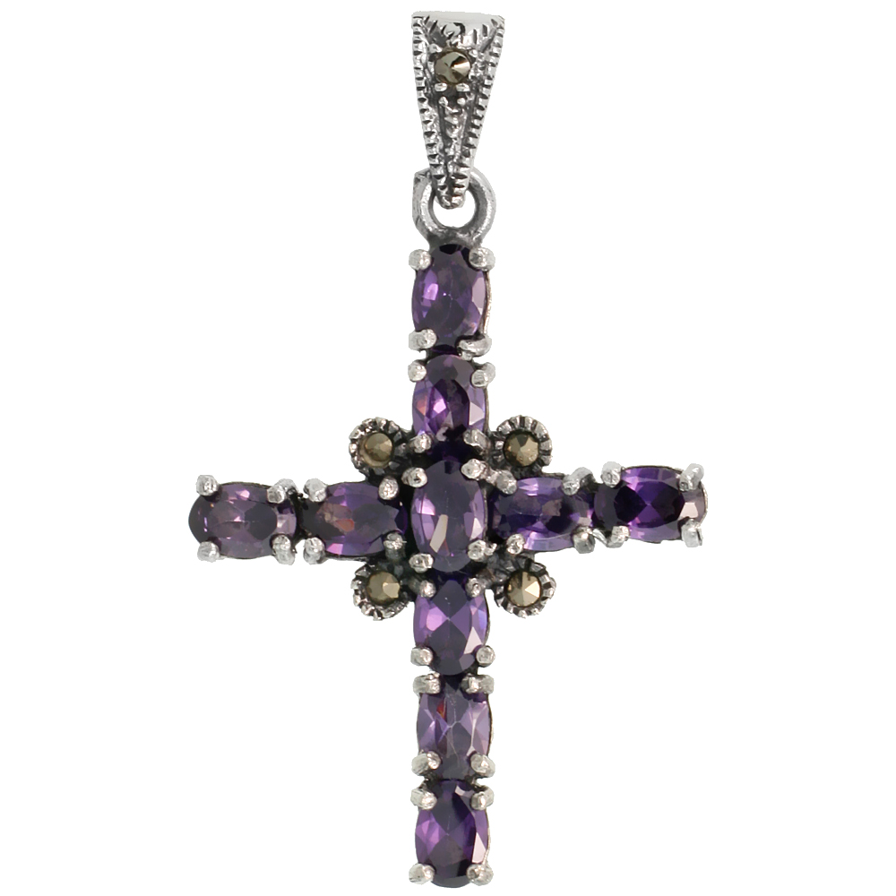 STERLING SILVER MARCASITE FLORAL CROSS PENDANT, W/ OVAL CUT 6X4 MM AMETHYST CZ STONES, 1 1/2" (39 MM) TALL